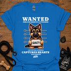 Graphic dog t-shirt in royal blue with crew neck and front 'Wanted' print