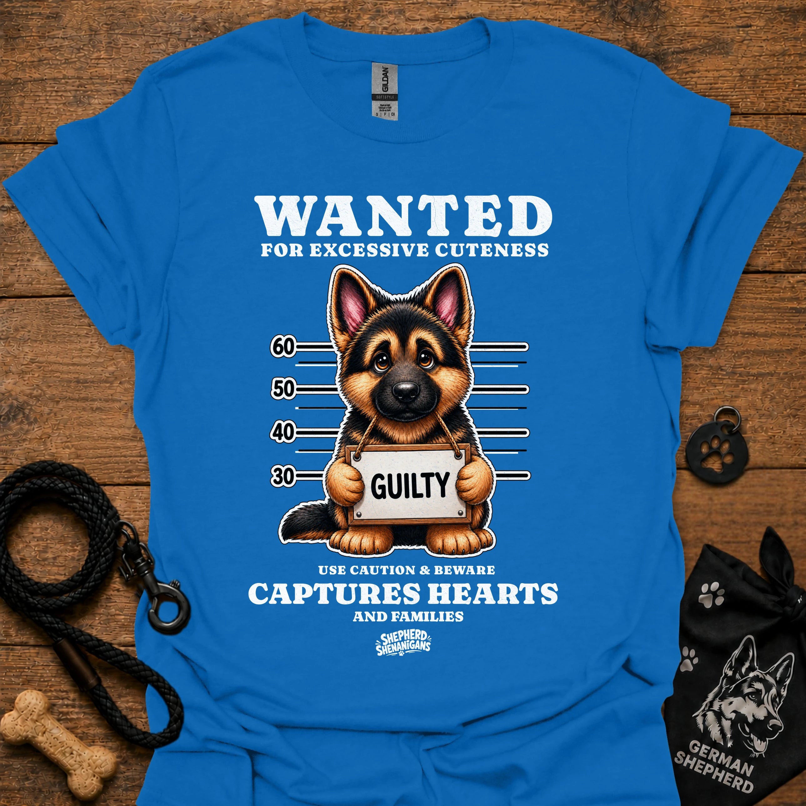 Graphic dog t-shirt in royal blue with crew neck and front 'Wanted' print