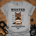 Graphic dog t-shirt in light heather gray with crew neck and front 'Wanted' print
