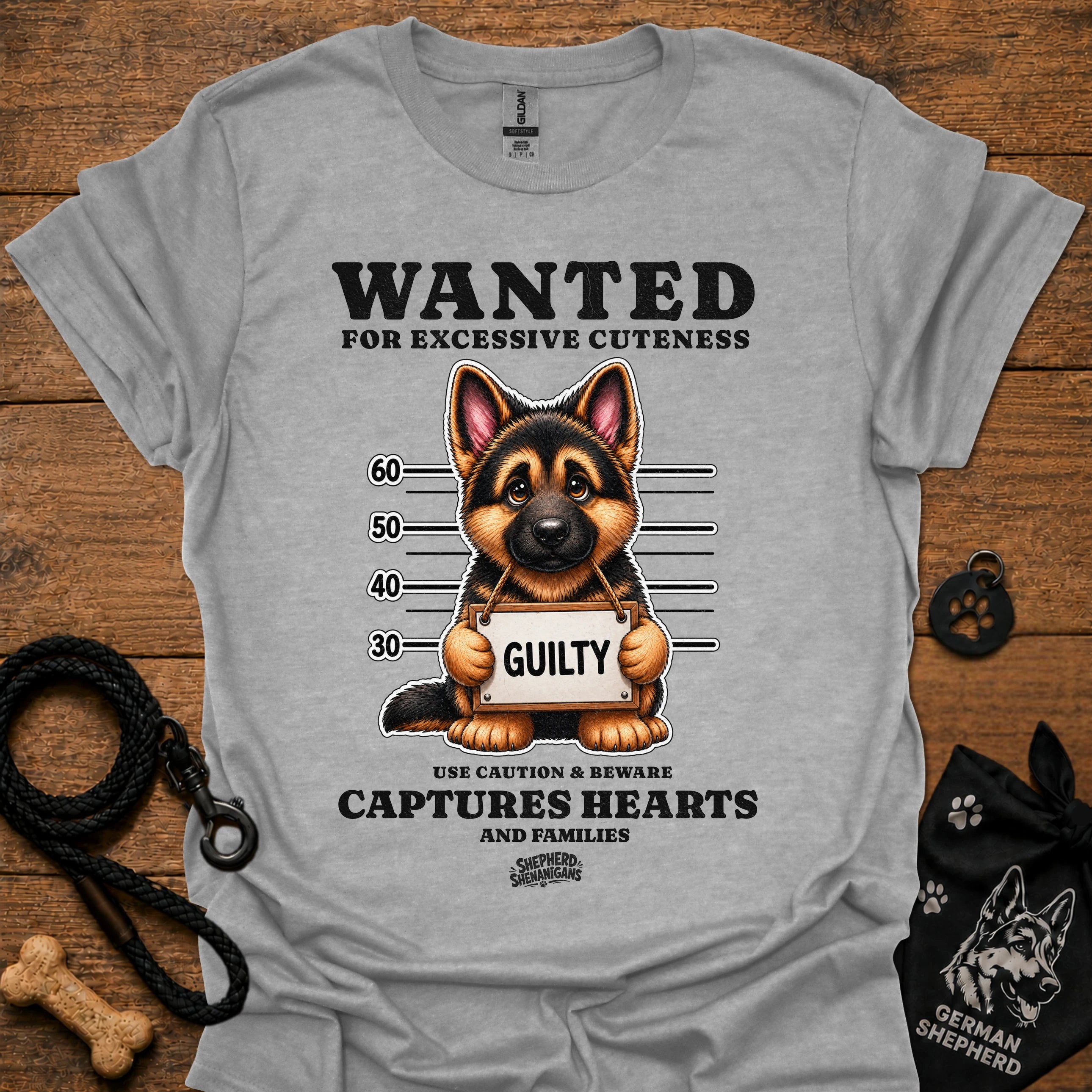 Graphic dog t-shirt in light heather gray with crew neck and front 'Wanted' print