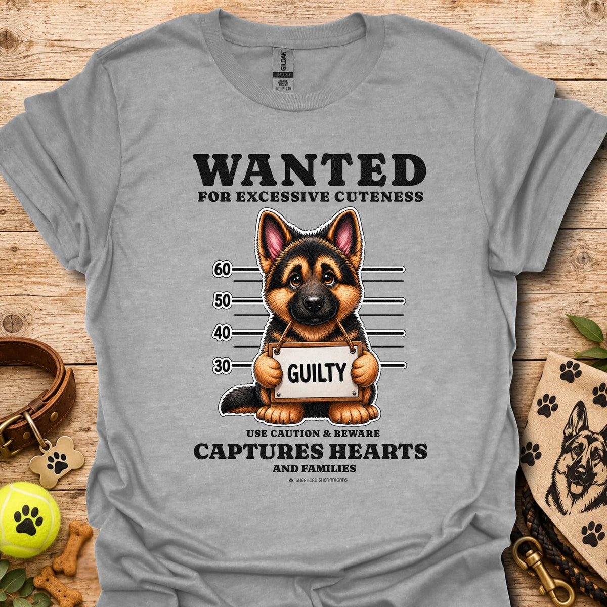Sport grey T-shirt with “WANTED” dog mugshot graphic and bold text