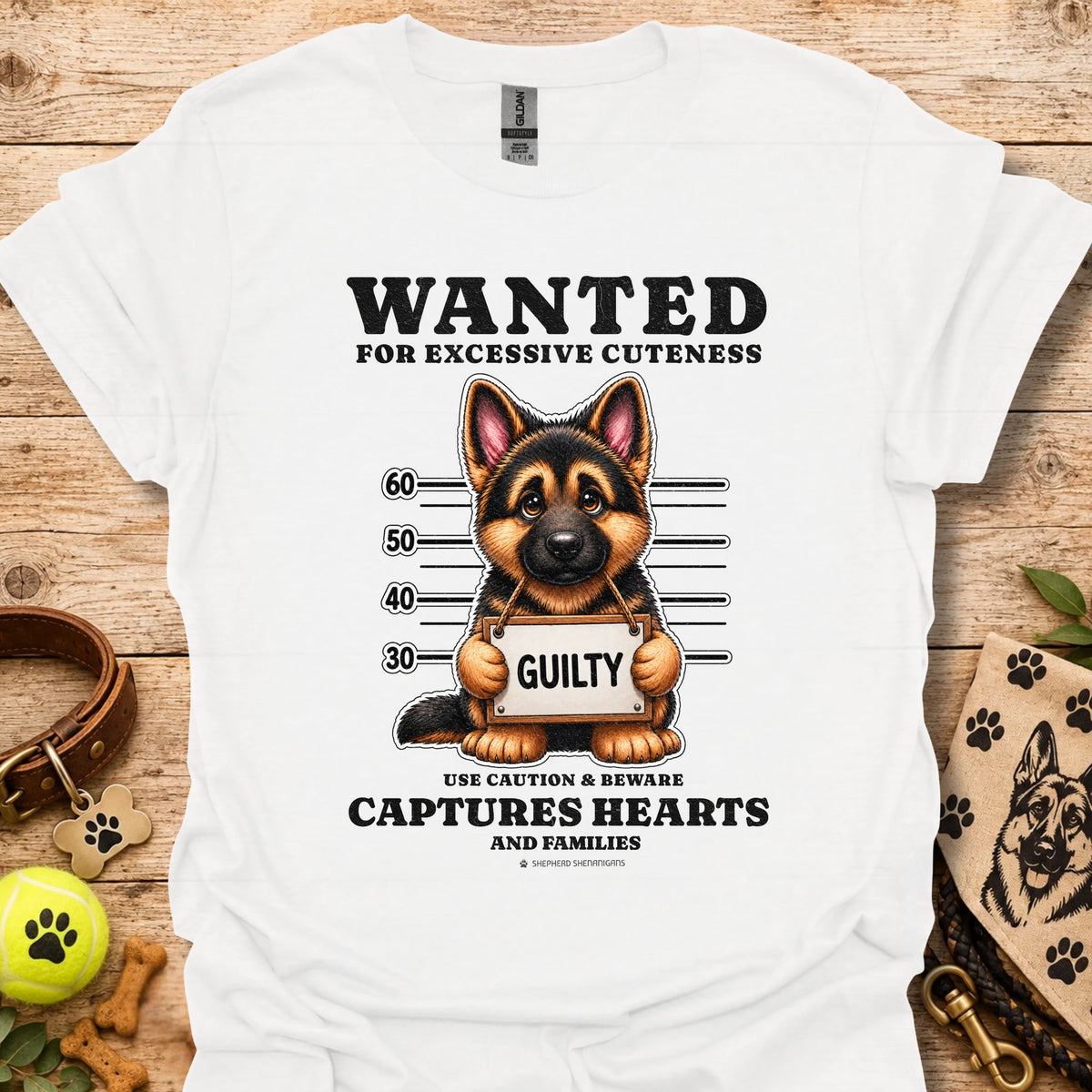 White T-shirt with “WANTED” dog mugshot graphic and bold text