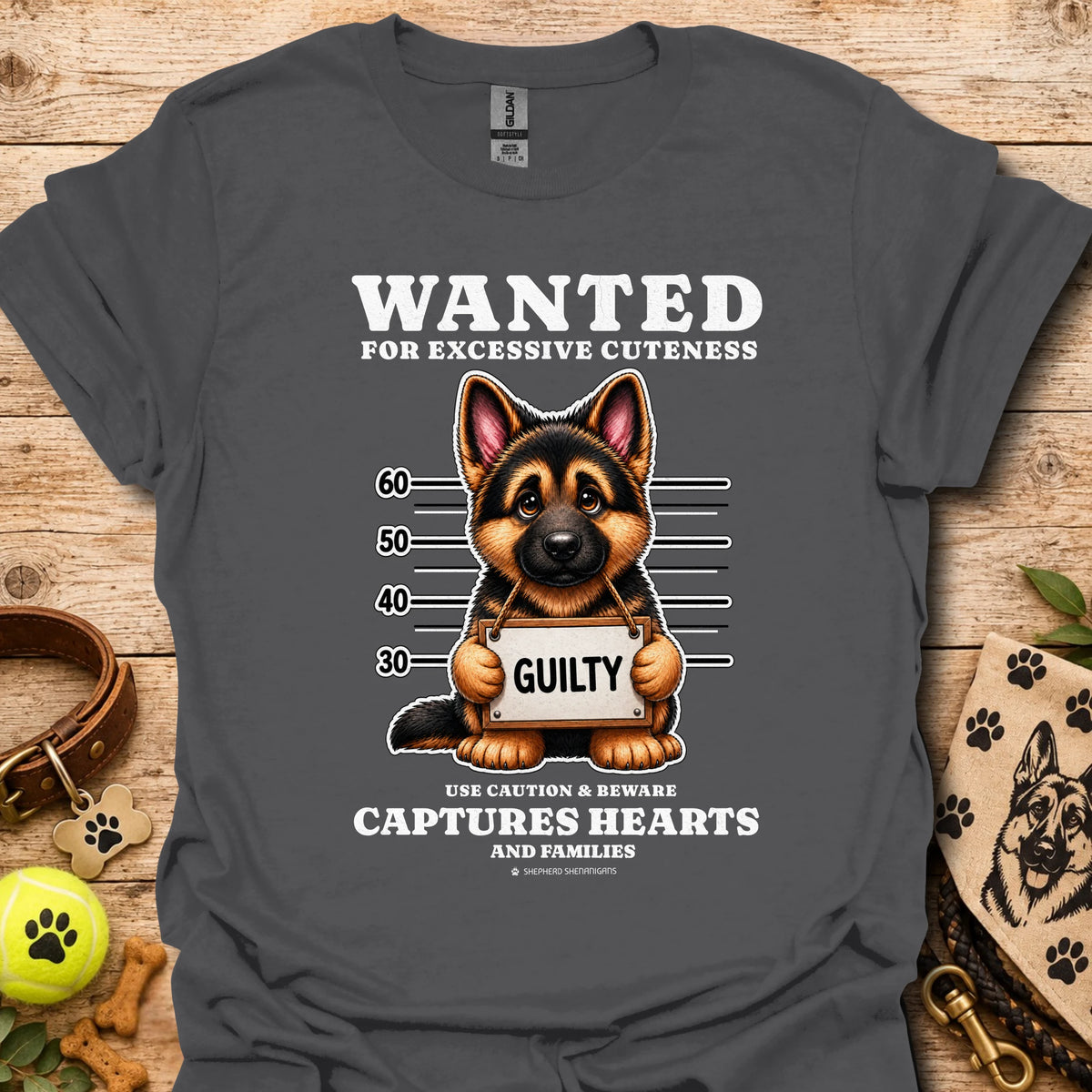 Charcoal T-shirt with “WANTED” dog mugshot graphic and bold text