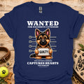 Navy T-shirt with “WANTED” dog mugshot graphic and bold text