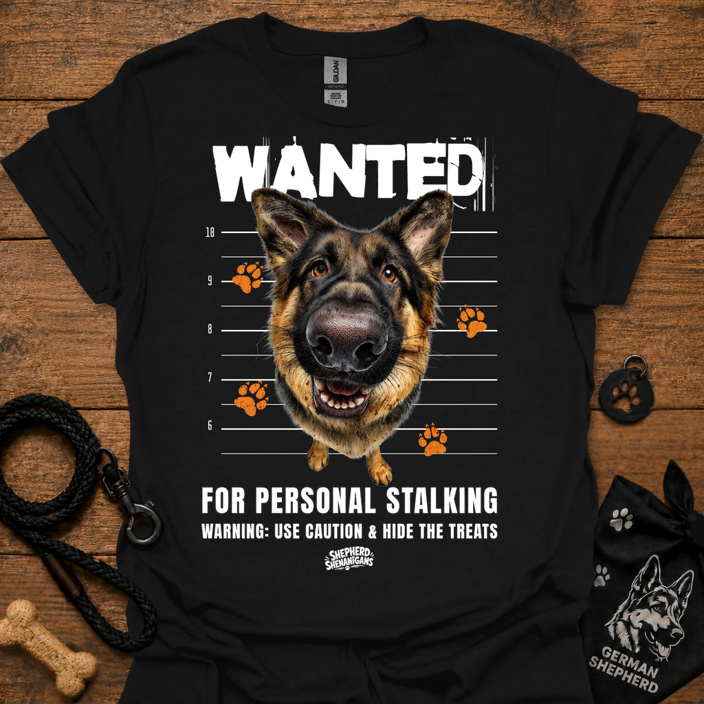 Black T-shirt with German shepherd face and bold “WANTED” graphic with warning text