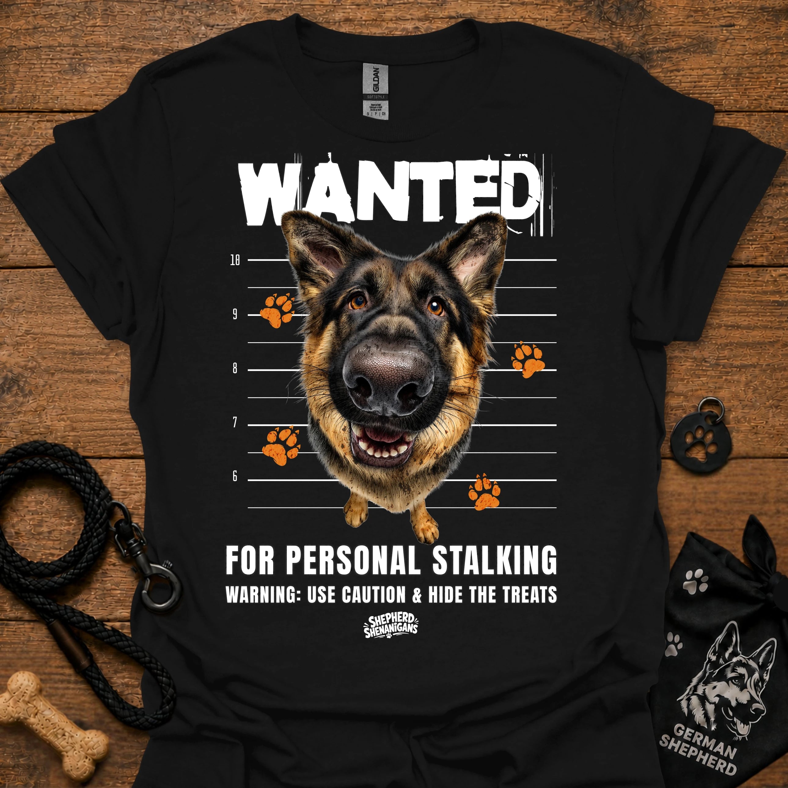 Black T-shirt with German shepherd face and bold “WANTED” graphic with warning text