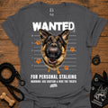 Charcoal T-shirt with German shepherd face and bold “WANTED” graphic with warning text