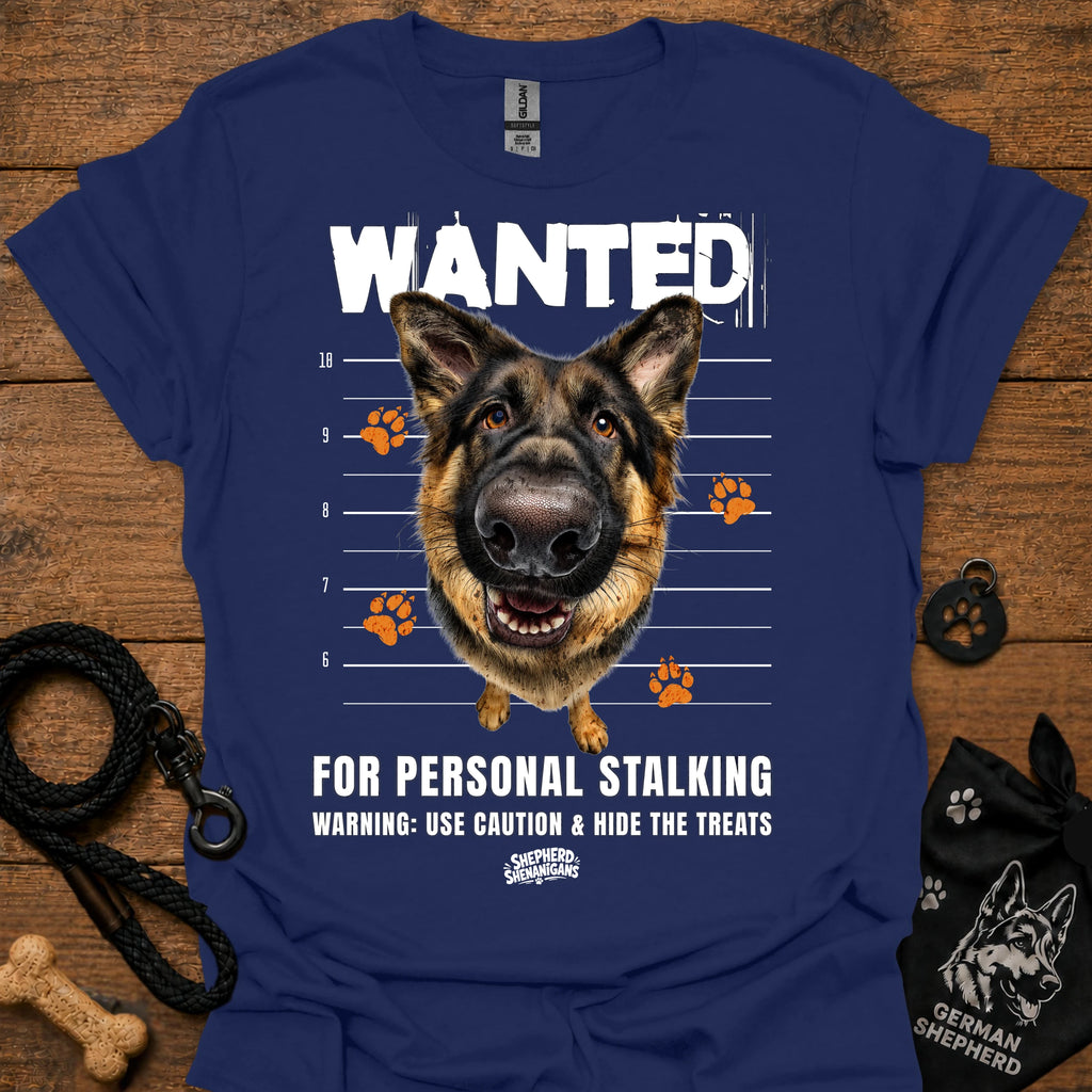 Navy T-shirt with German shepherd face and bold “WANTED” graphic with warning text