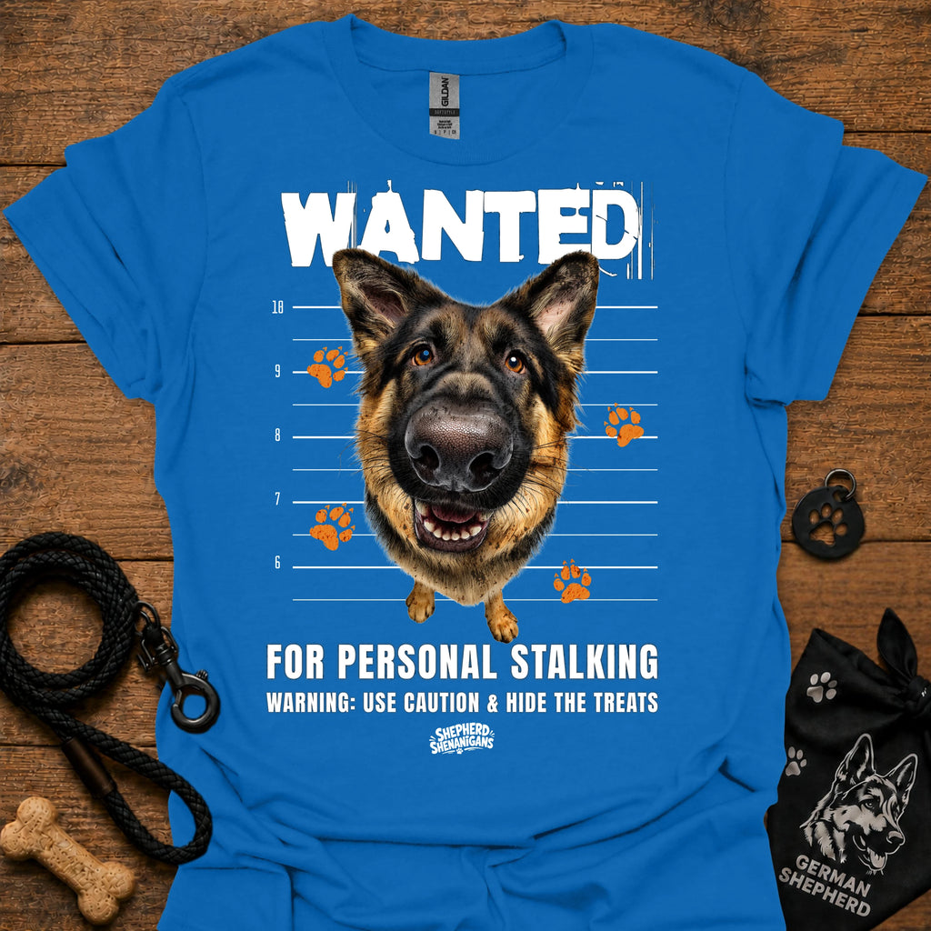 Royal blue T-shirt with German shepherd face and bold “WANTED” graphic with warning text