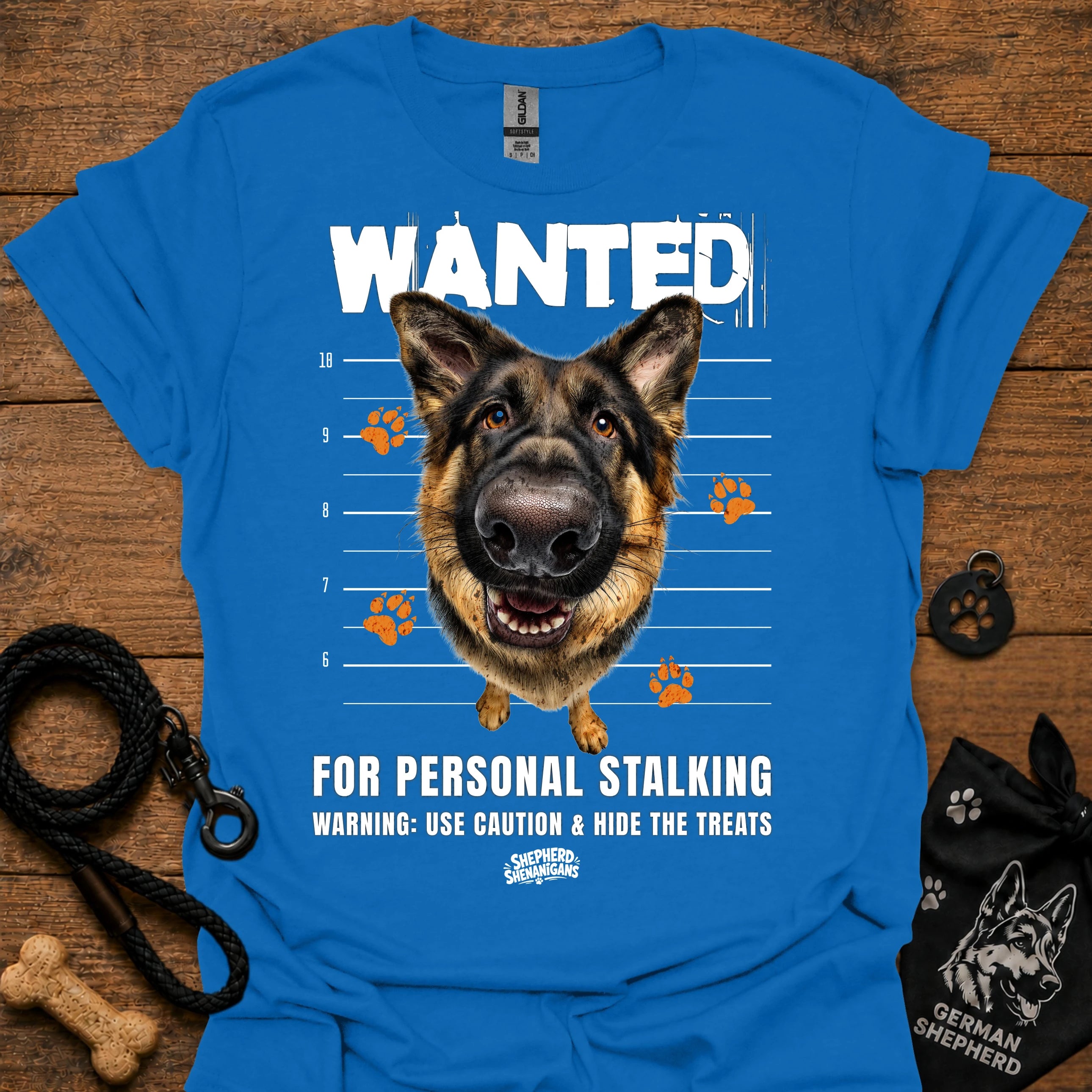 Royal blue T-shirt with German shepherd face and bold “WANTED” graphic with warning text