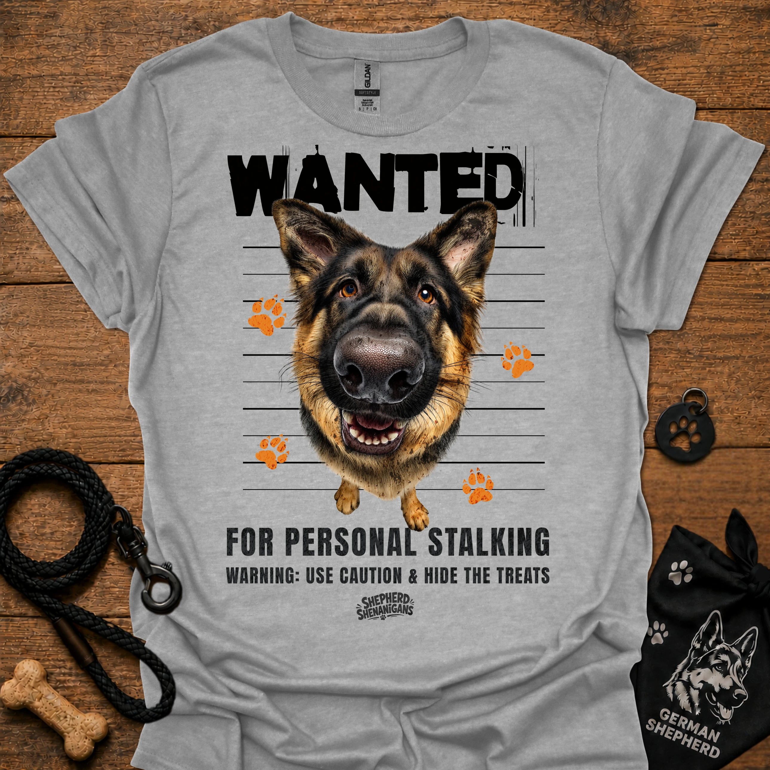 Sport grey T-shirt with German shepherd face and bold “WANTED” graphic with warning text