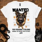White T-shirt with German shepherd face and bold “WANTED” graphic with warning text