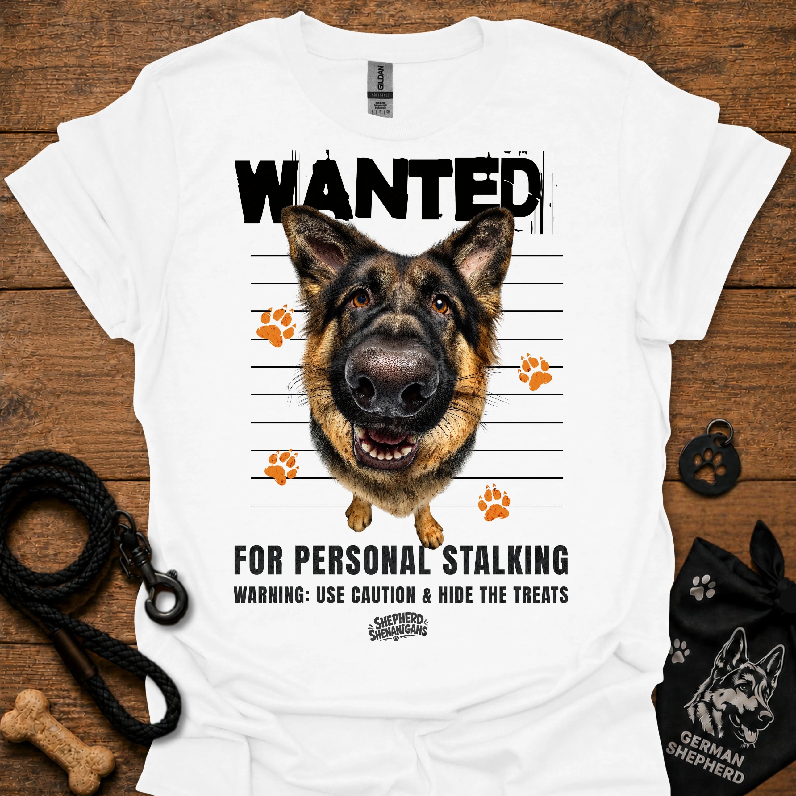 White T-shirt with German shepherd face and bold “WANTED” graphic with warning text