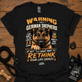 German shepherd graphic T-shirt, black, bold warning text and dog portrait