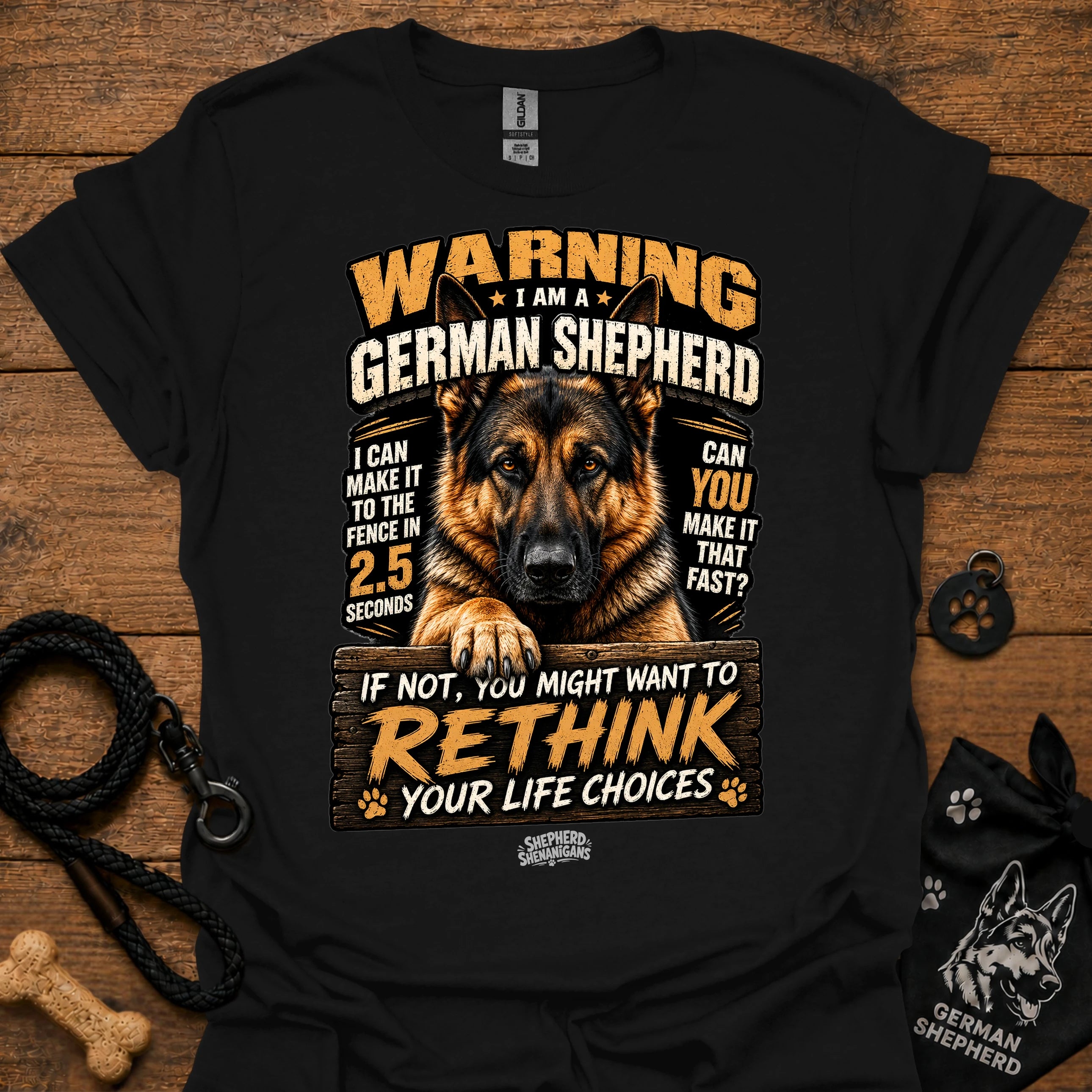 German shepherd graphic T-shirt, black, bold warning text and dog portrait