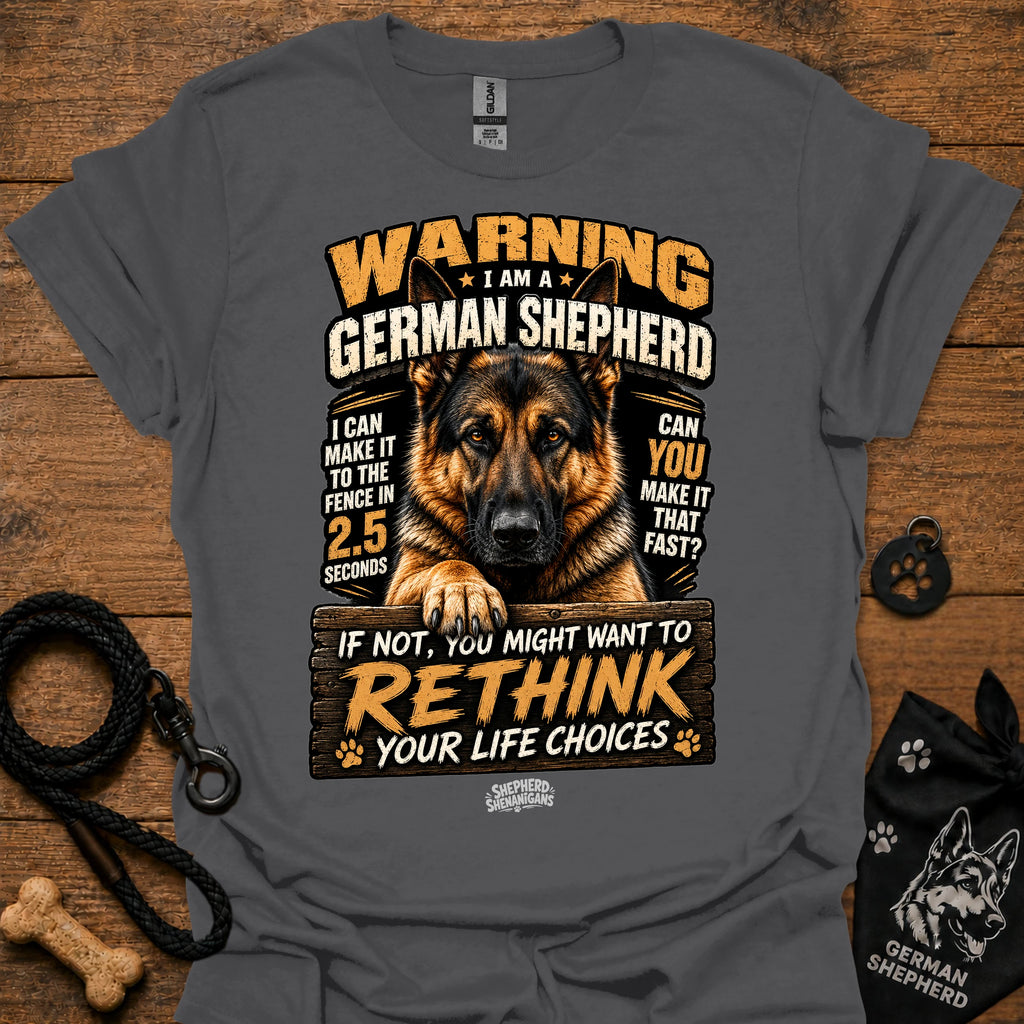 German shepherd graphic T-shirt, dark gray, bold warning text and dog portrait