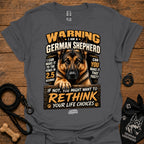 German shepherd graphic T-shirt, dark gray, bold warning text and dog portrait