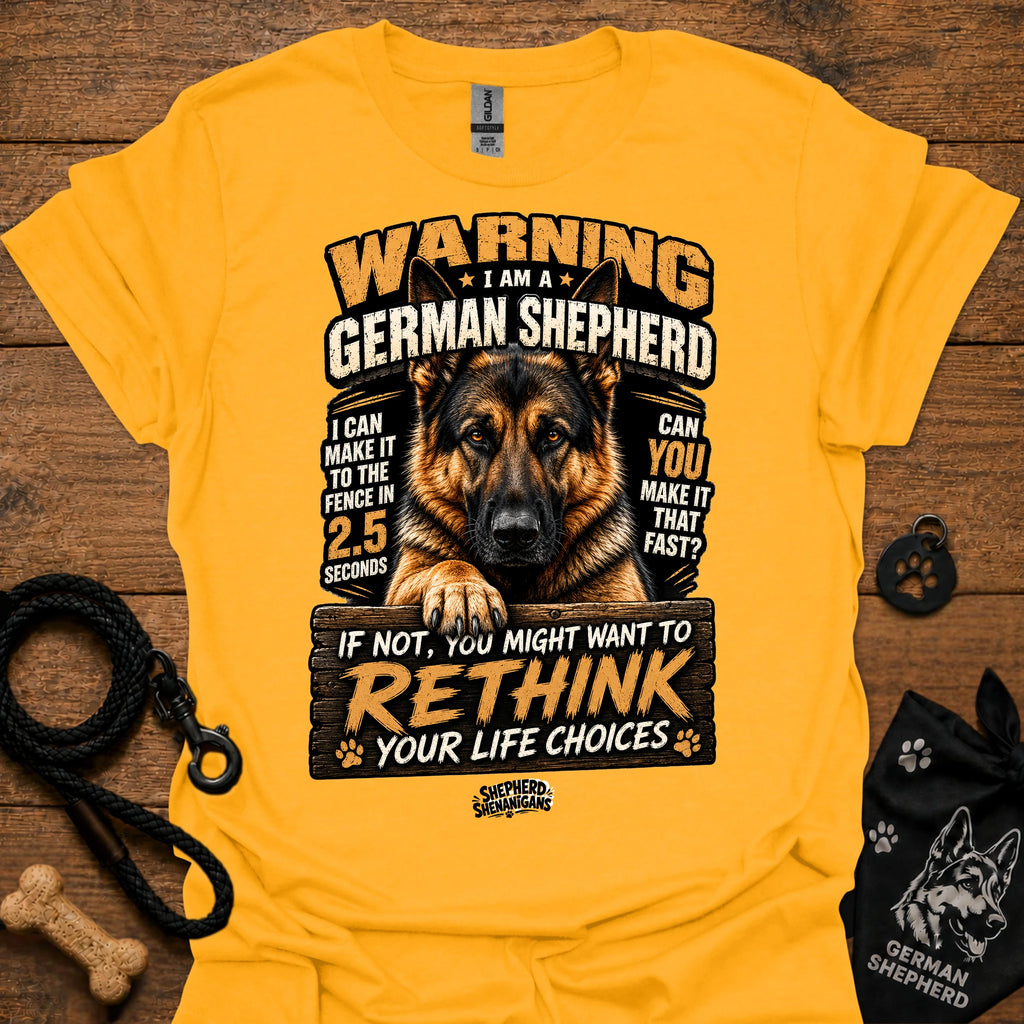 German shepherd graphic T-shirt, gold, bold warning text and dog portrait