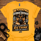 German shepherd graphic T-shirt, gold, bold warning text and dog portrait