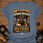 German shepherd graphic T-shirt, slate blue, bold warning text and dog portrait