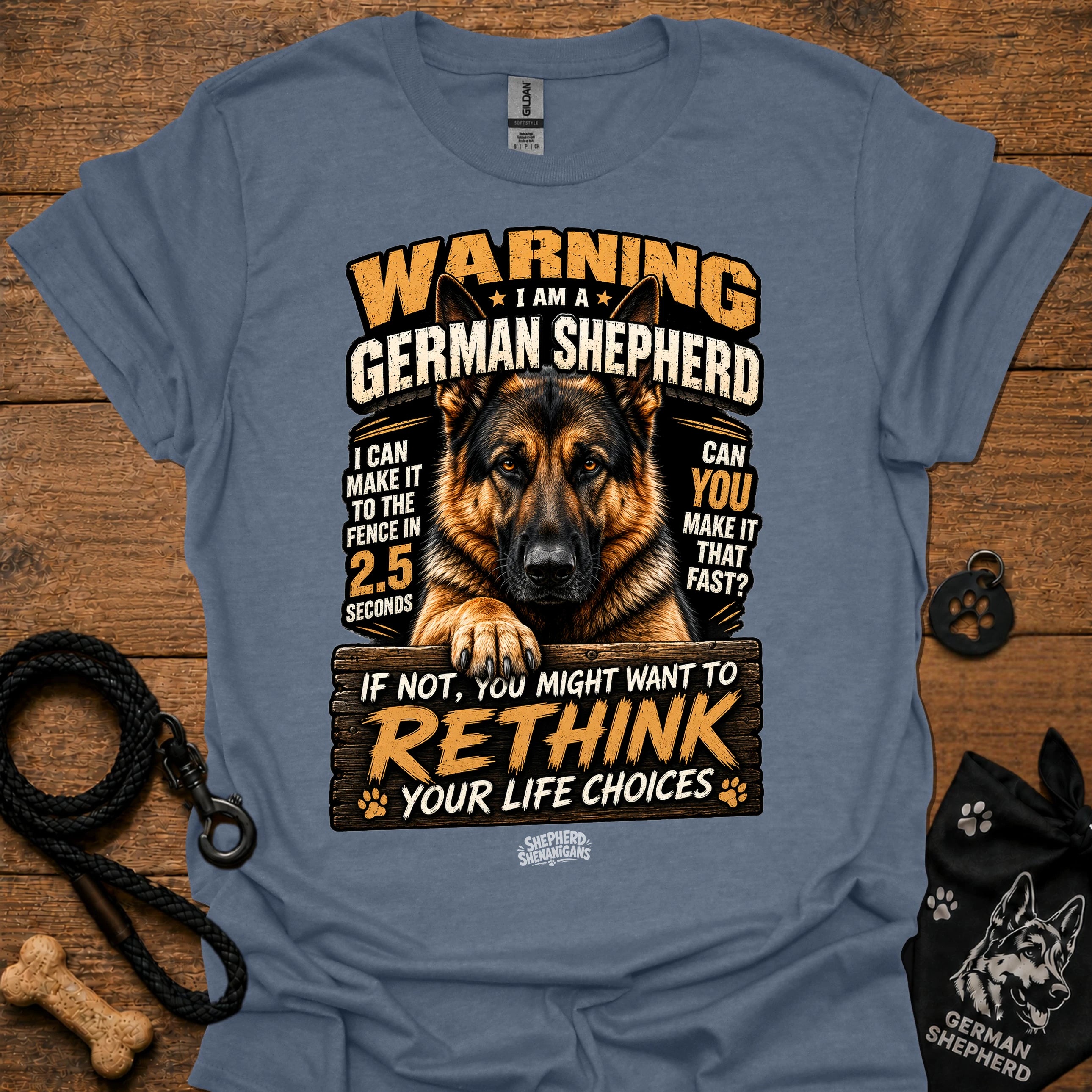 German shepherd graphic T-shirt, slate blue, bold warning text and dog portrait