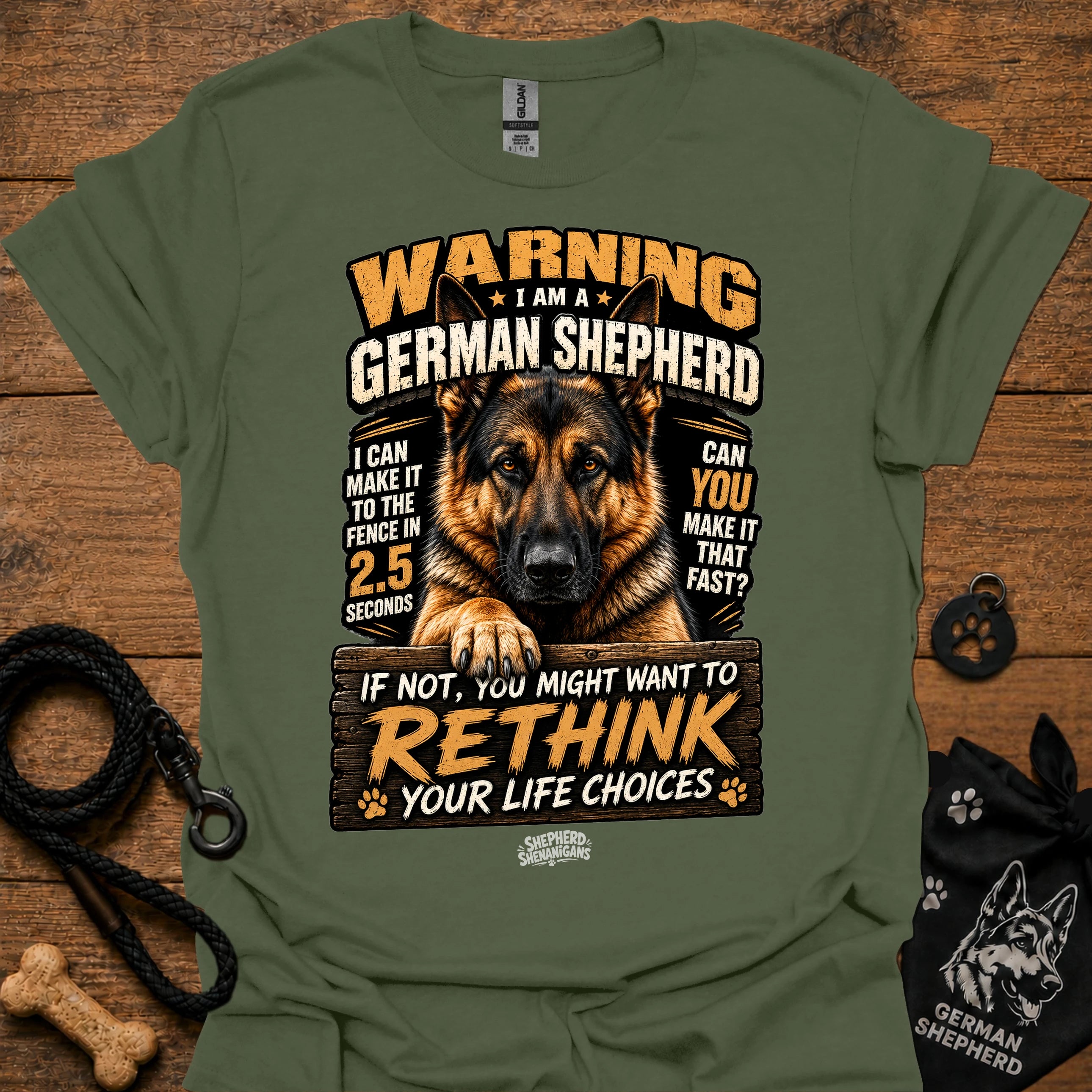 German shepherd graphic T-shirt, military green, bold warning text and dog portrait