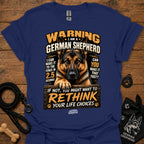 German shepherd graphic T-shirt, navy blue, bold warning text and dog portrait