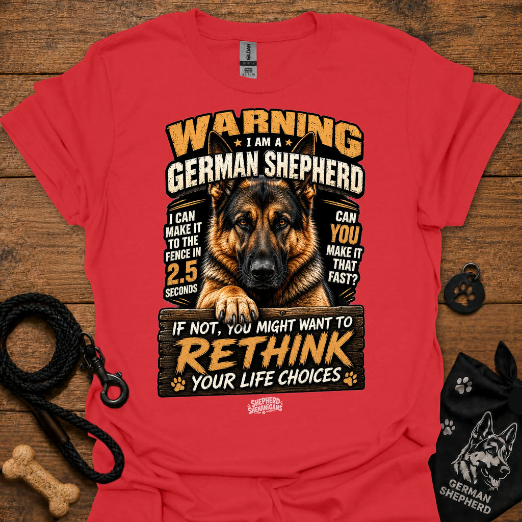 German shepherd graphic T-shirt, red, bold warning text and dog portrait