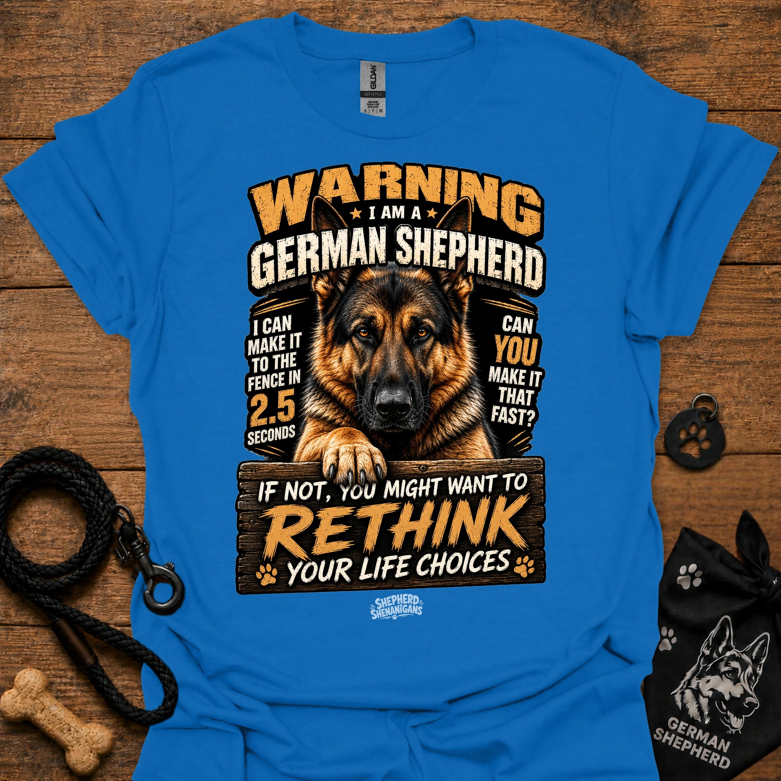 German shepherd graphic T-shirt, bright blue, bold warning text and dog portrait