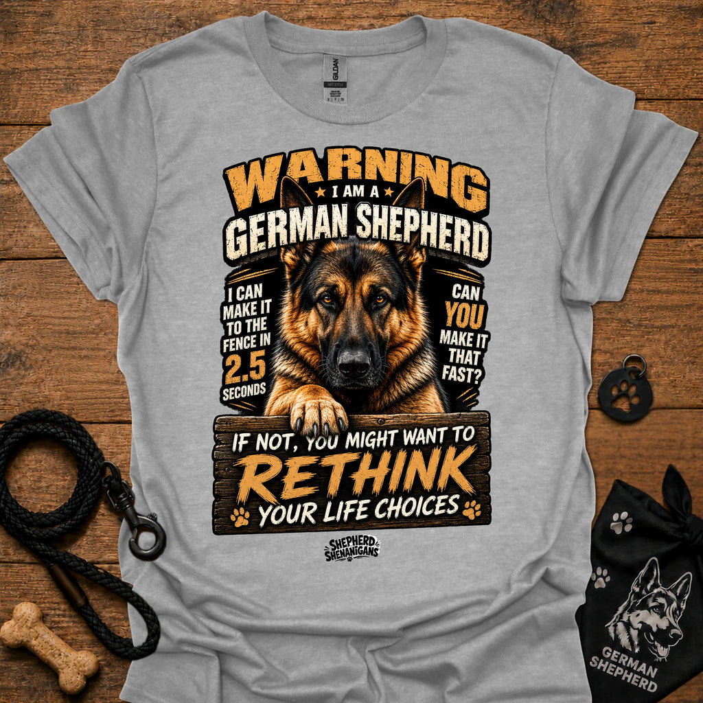 German shepherd graphic T-shirt, light gray, bold warning text and dog portrait