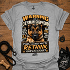 German shepherd graphic T-shirt, light gray, bold warning text and dog portrait