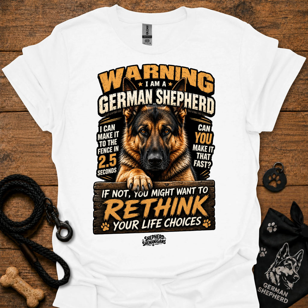 German shepherd graphic T-shirt, white, bold warning text and dog portrait
