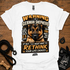 German shepherd graphic T-shirt, white, bold warning text and dog portrait