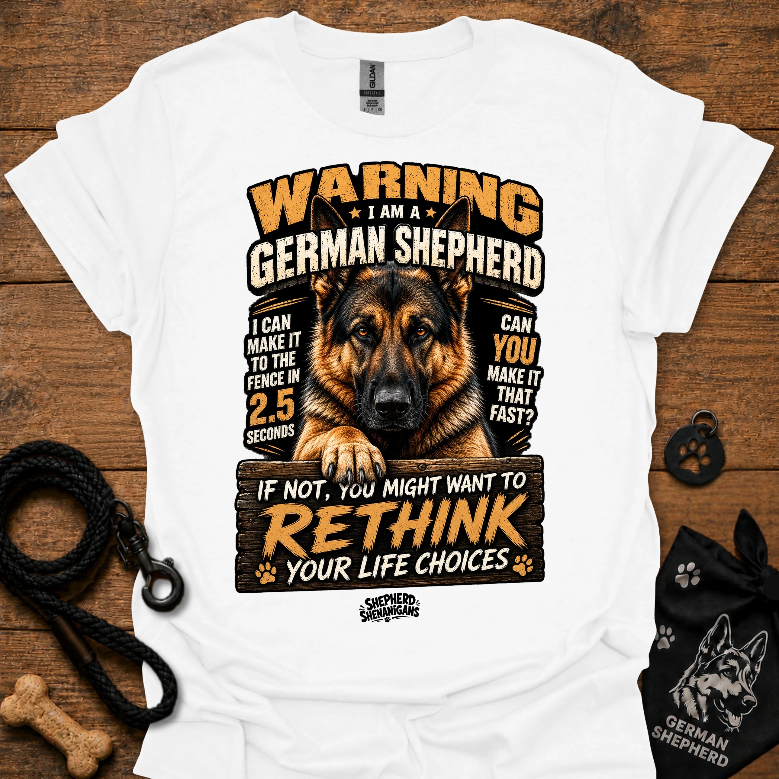 German shepherd graphic T-shirt, white, bold warning text and dog portrait
