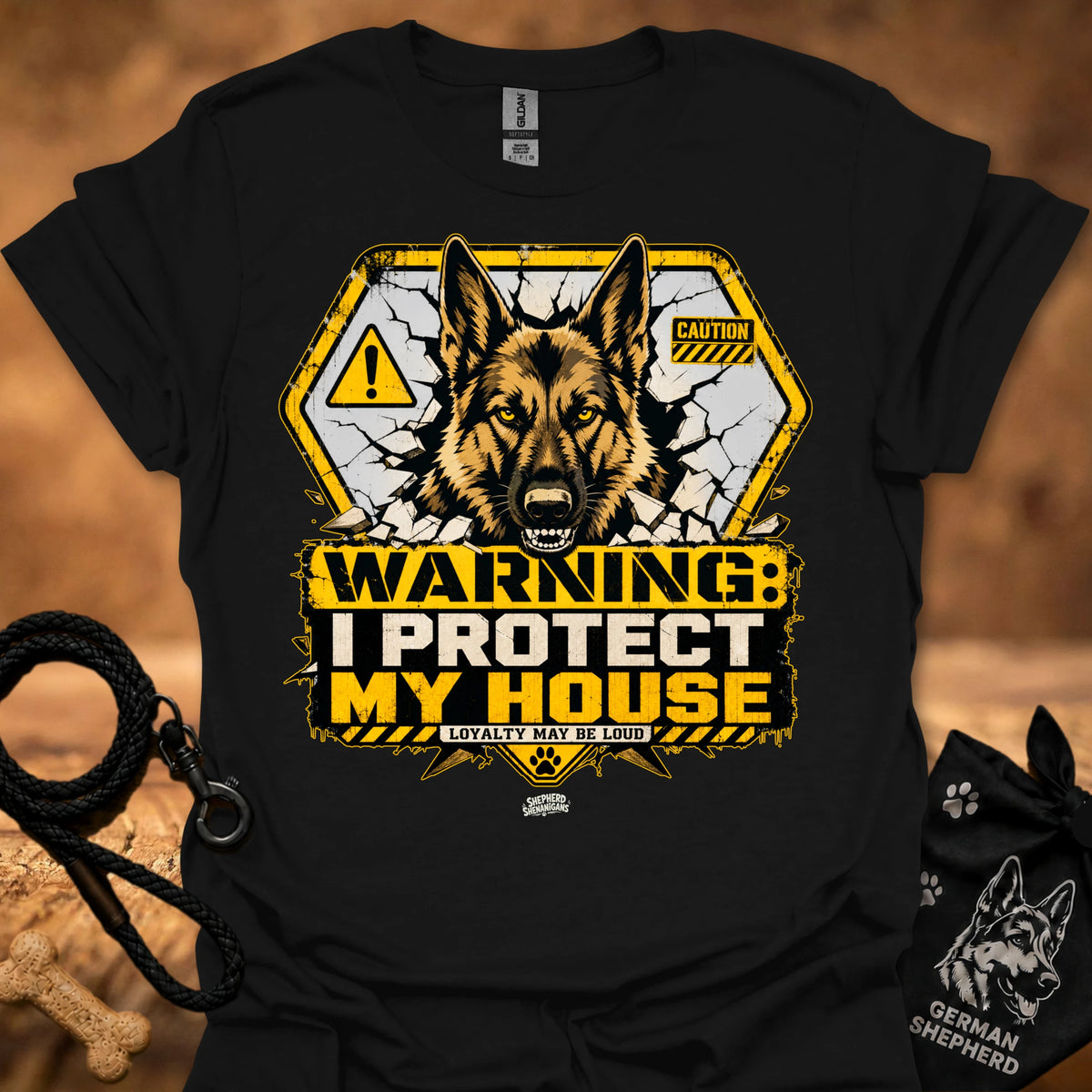 Warning dog graphic t-shirt in black, front shows German shepherd with caution signs.