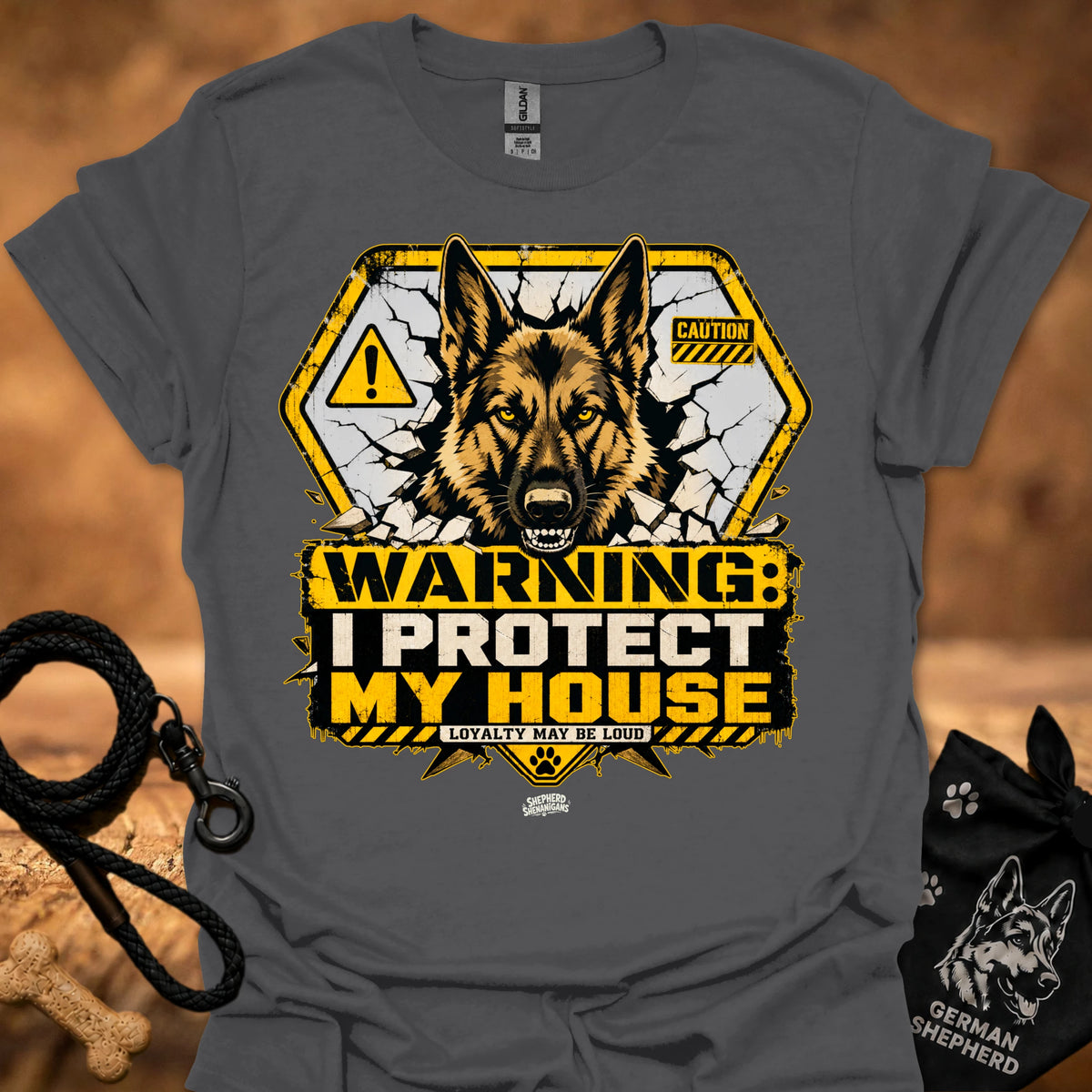 Warning dog graphic t-shirt in charcoal grey, front shows German shepherd with caution signs.