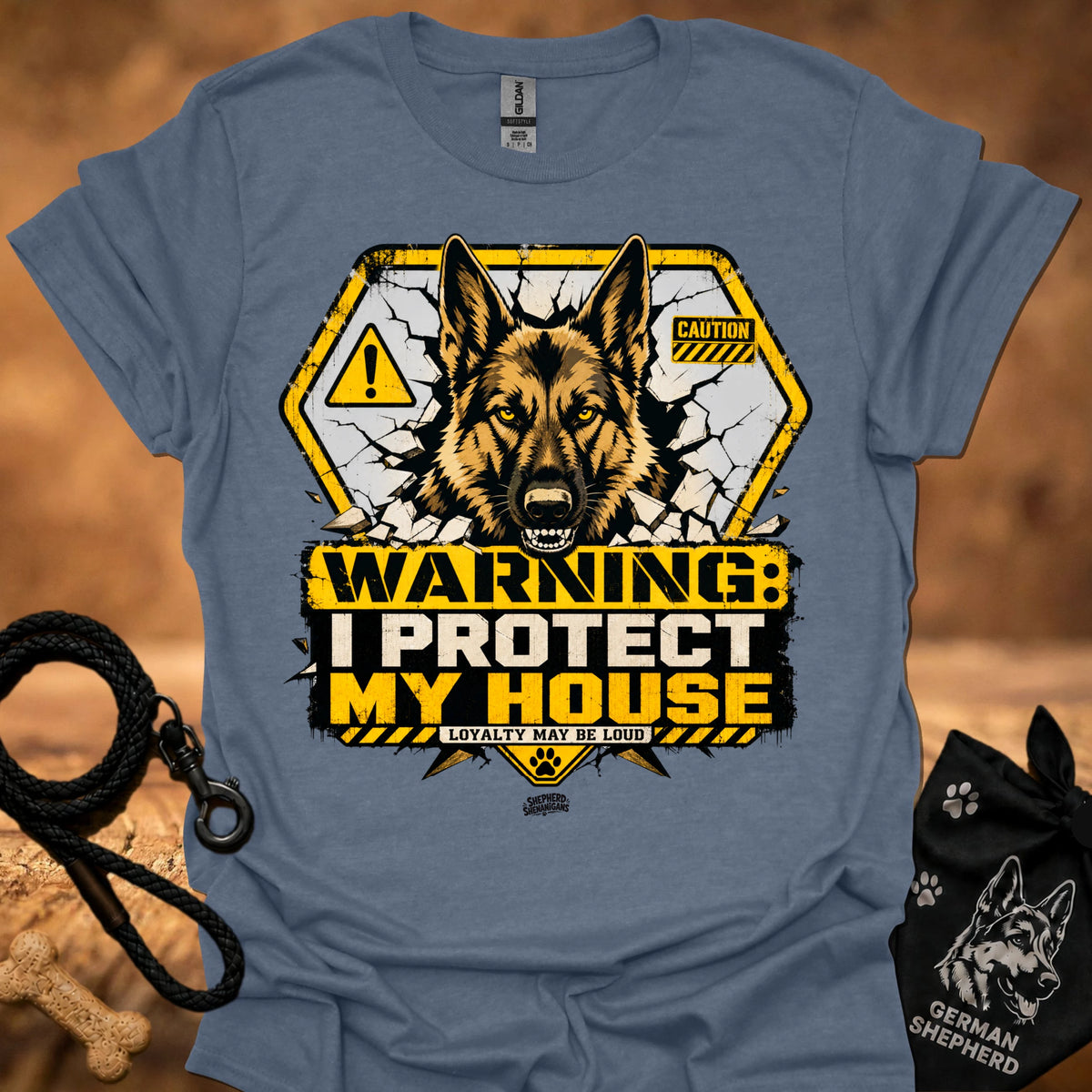 Warning dog graphic t-shirt in slate blue, front shows German shepherd with caution signs.