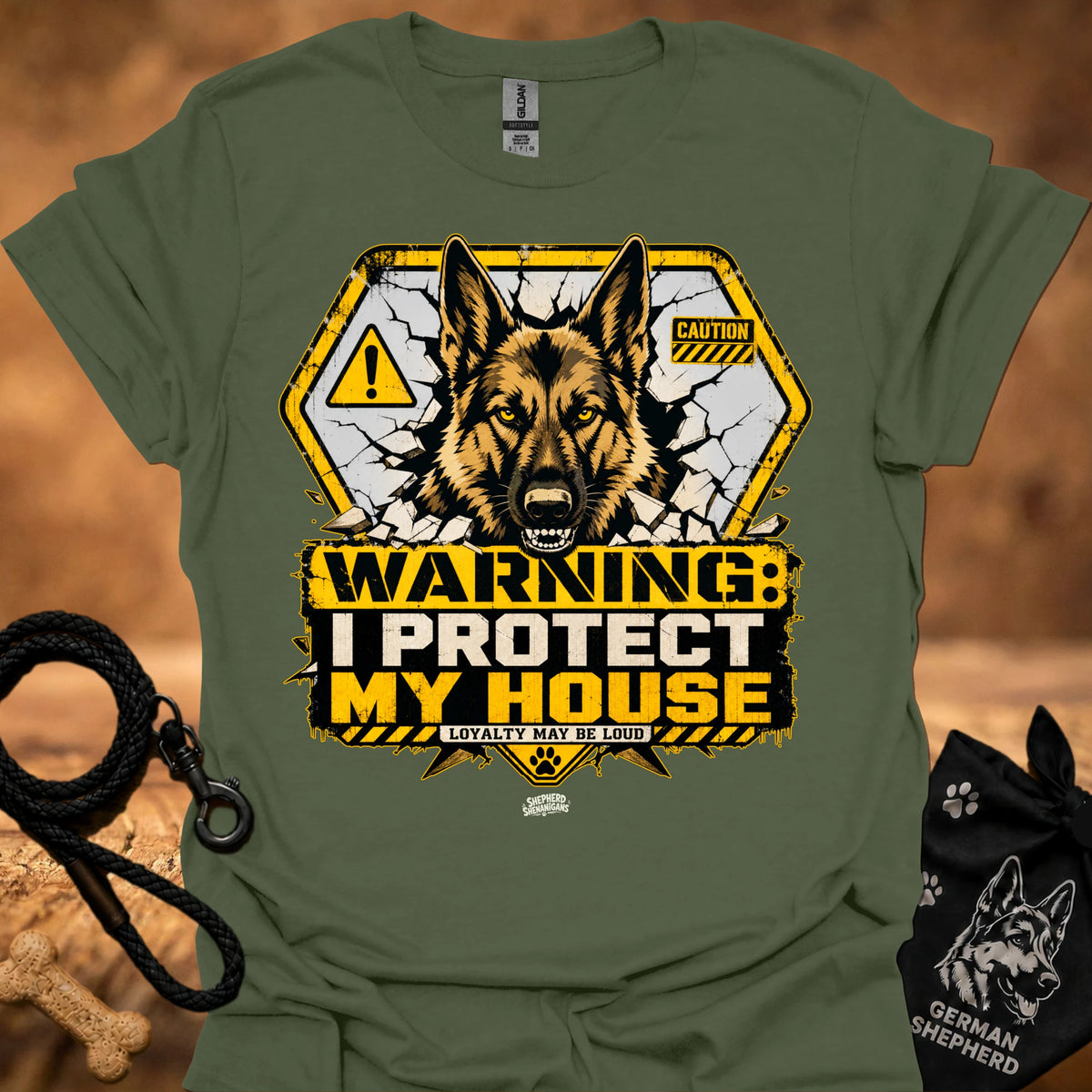 Warning dog graphic t-shirt in military green, front shows German shepherd with caution signs.
