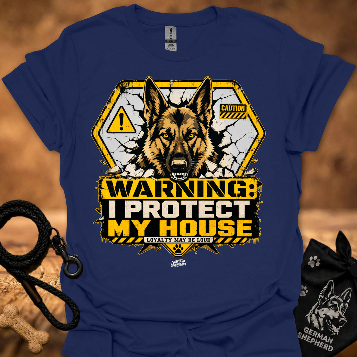 Warning dog graphic t-shirt in navy blue, front shows German shepherd with caution signs.