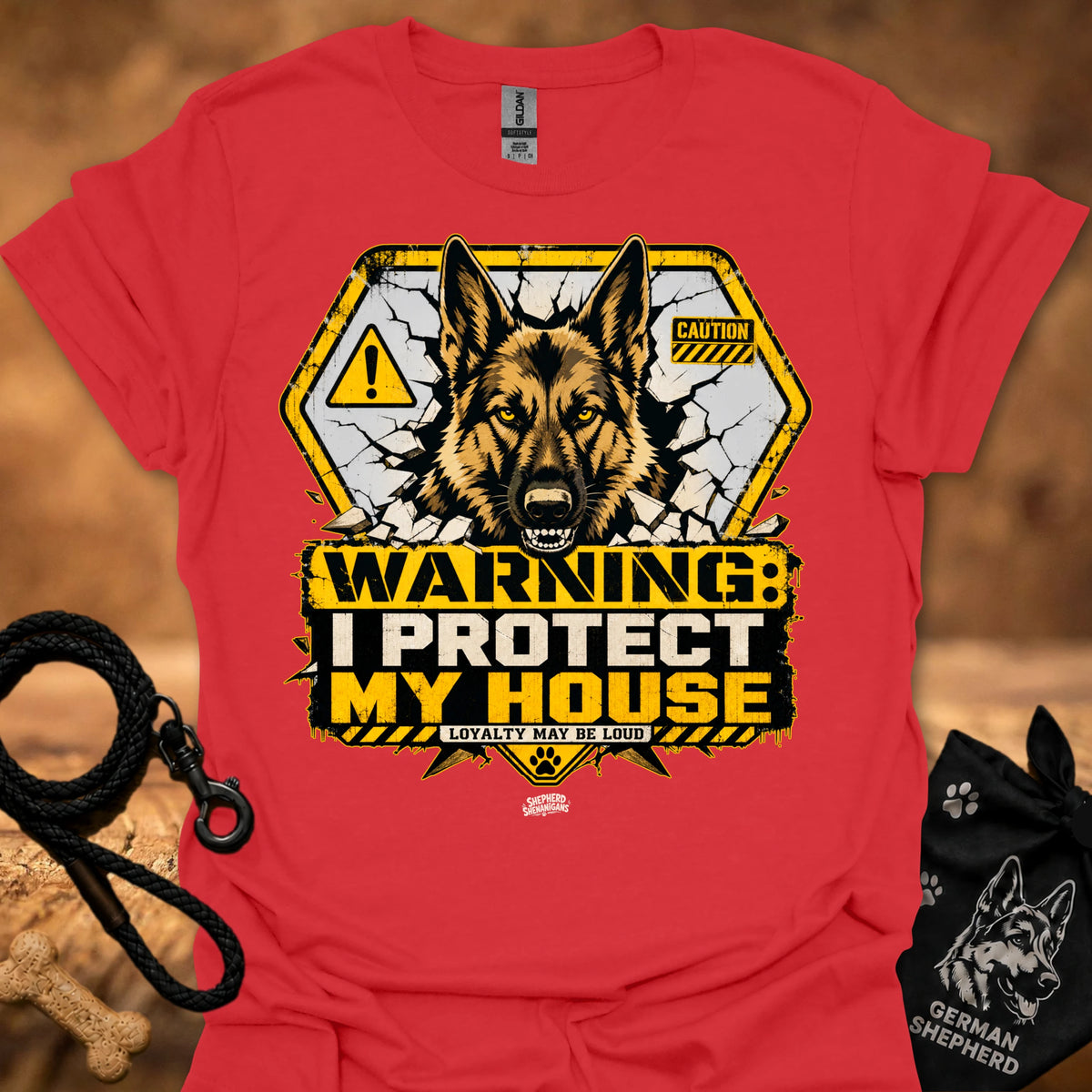Warning dog graphic t-shirt in red, front shows German shepherd with caution signs.