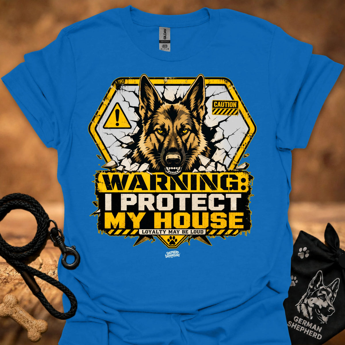 Warning dog graphic t-shirt in royal blue, front shows German shepherd with caution signs.
