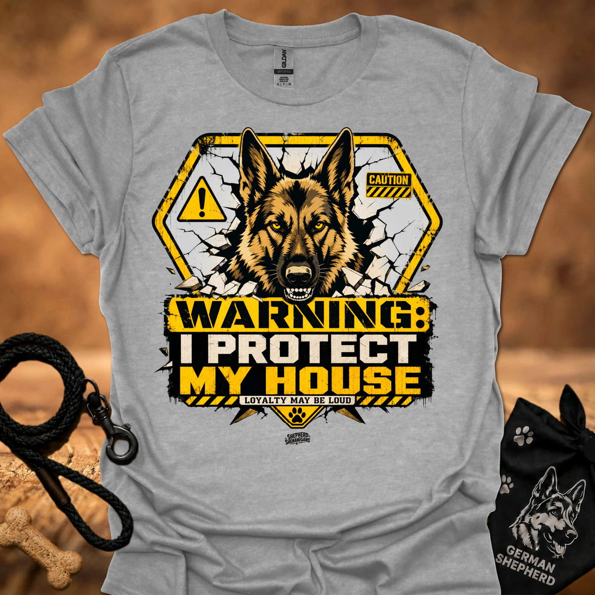 Warning dog graphic t-shirt in heather grey, front shows German shepherd with caution signs.