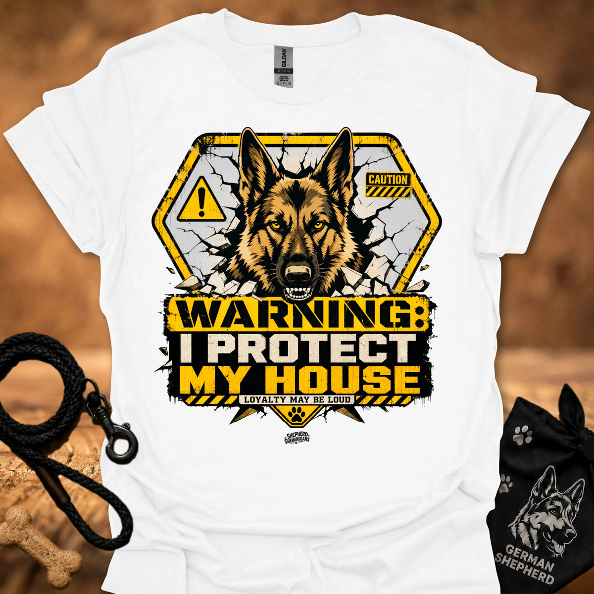 Warning dog graphic t-shirt in white, front shows German shepherd with caution signs.