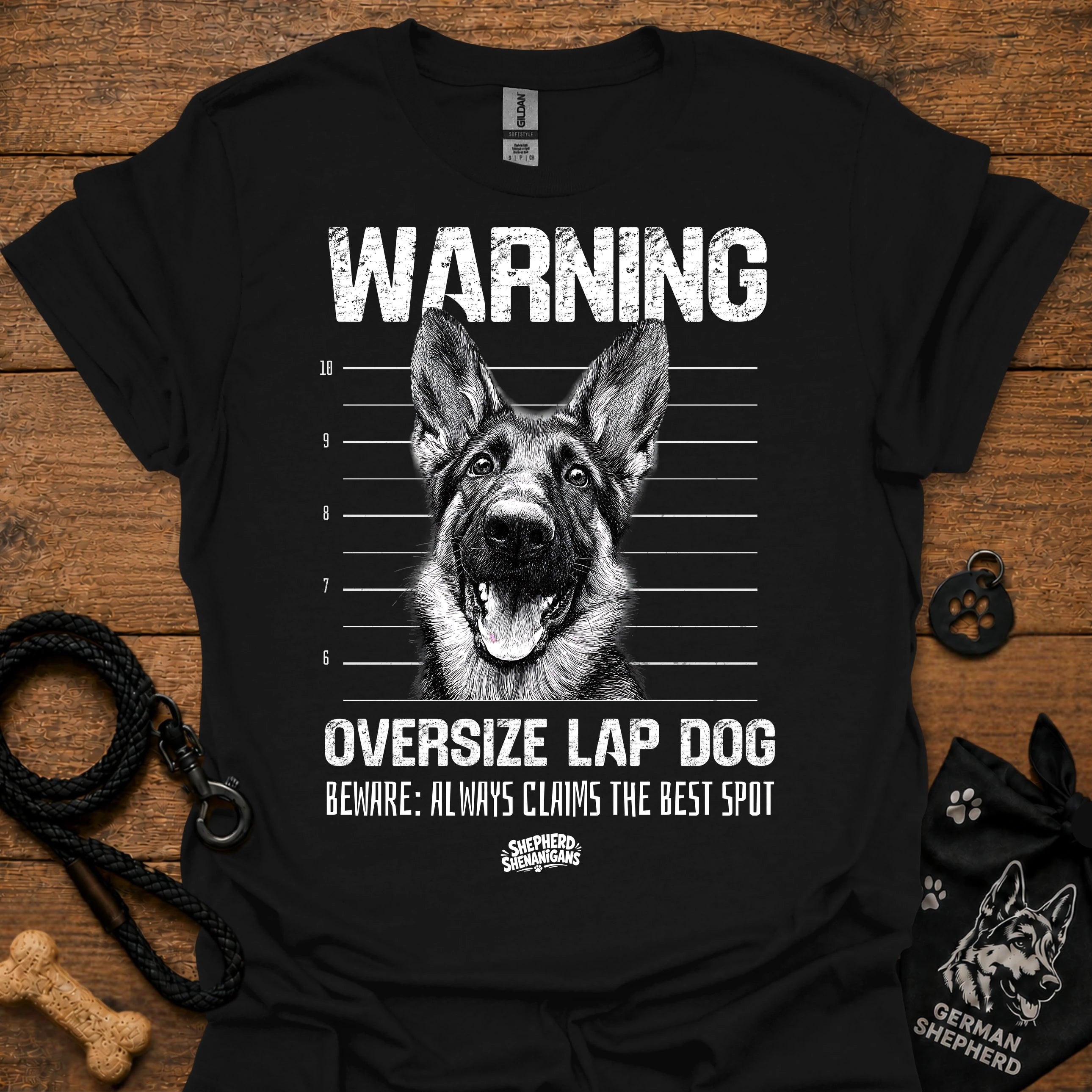 Black warning graphic T-shirt with German shepherd face and bold text