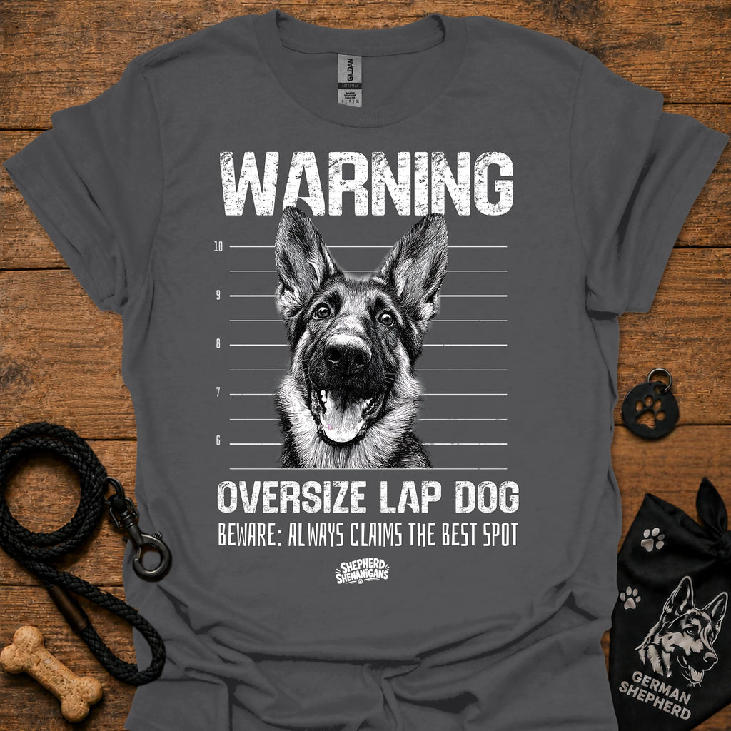 Black warning graphic T-shirt with German shepherd face and bold text