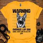 Gold warning graphic T-shirt with German shepherd face and bold text