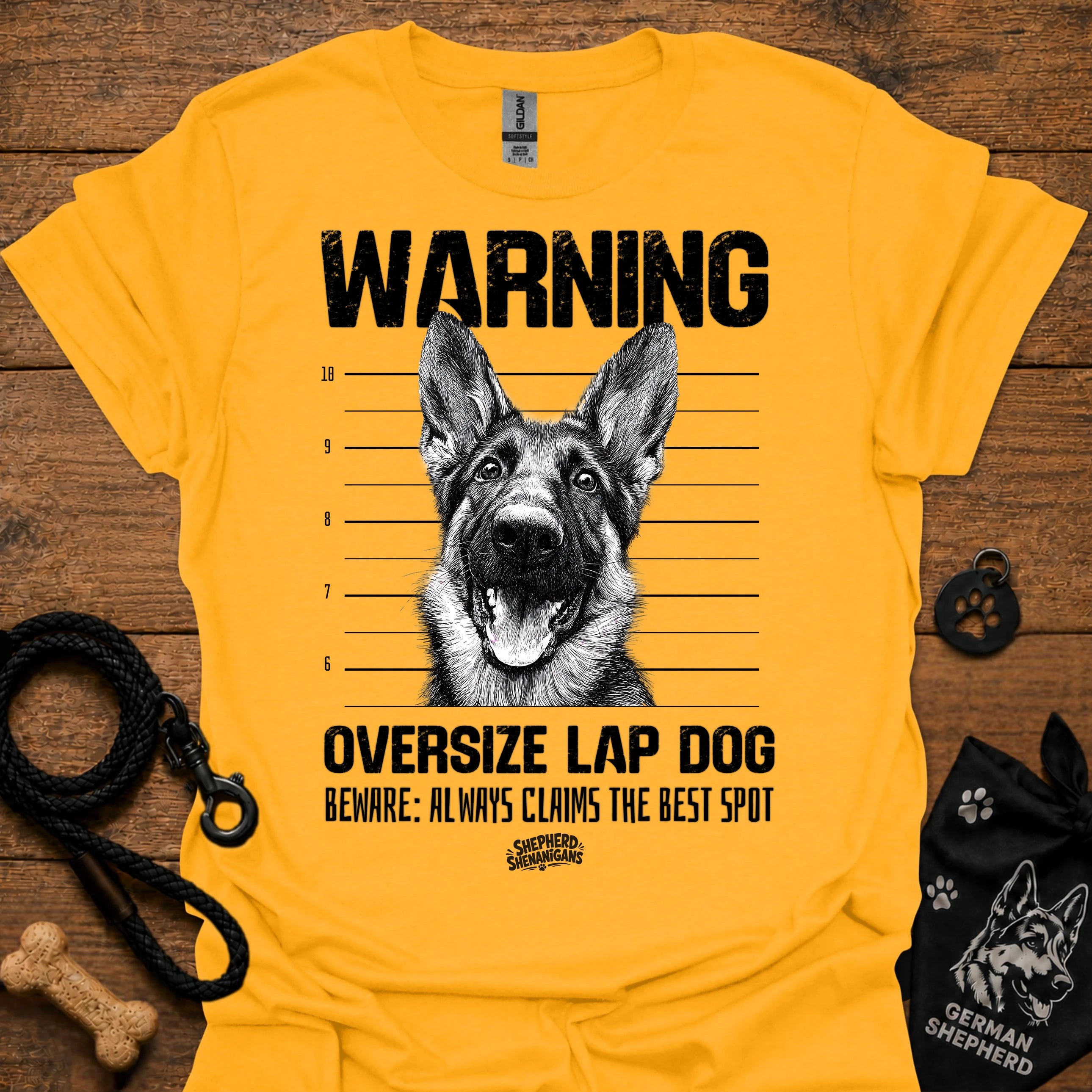 Gold warning graphic T-shirt with German shepherd face and bold text