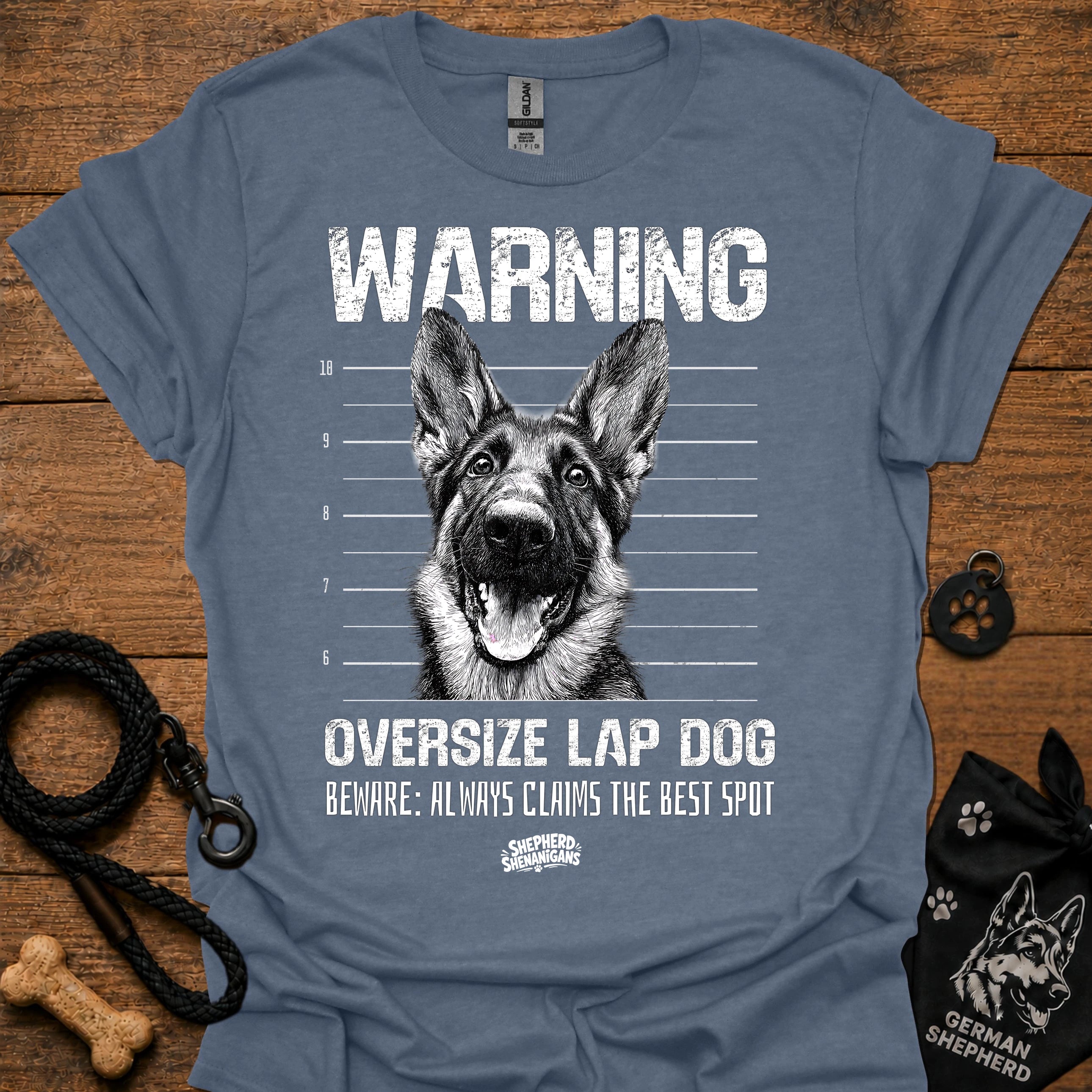 Blue-gray warning graphic T-shirt with German shepherd face and bold text