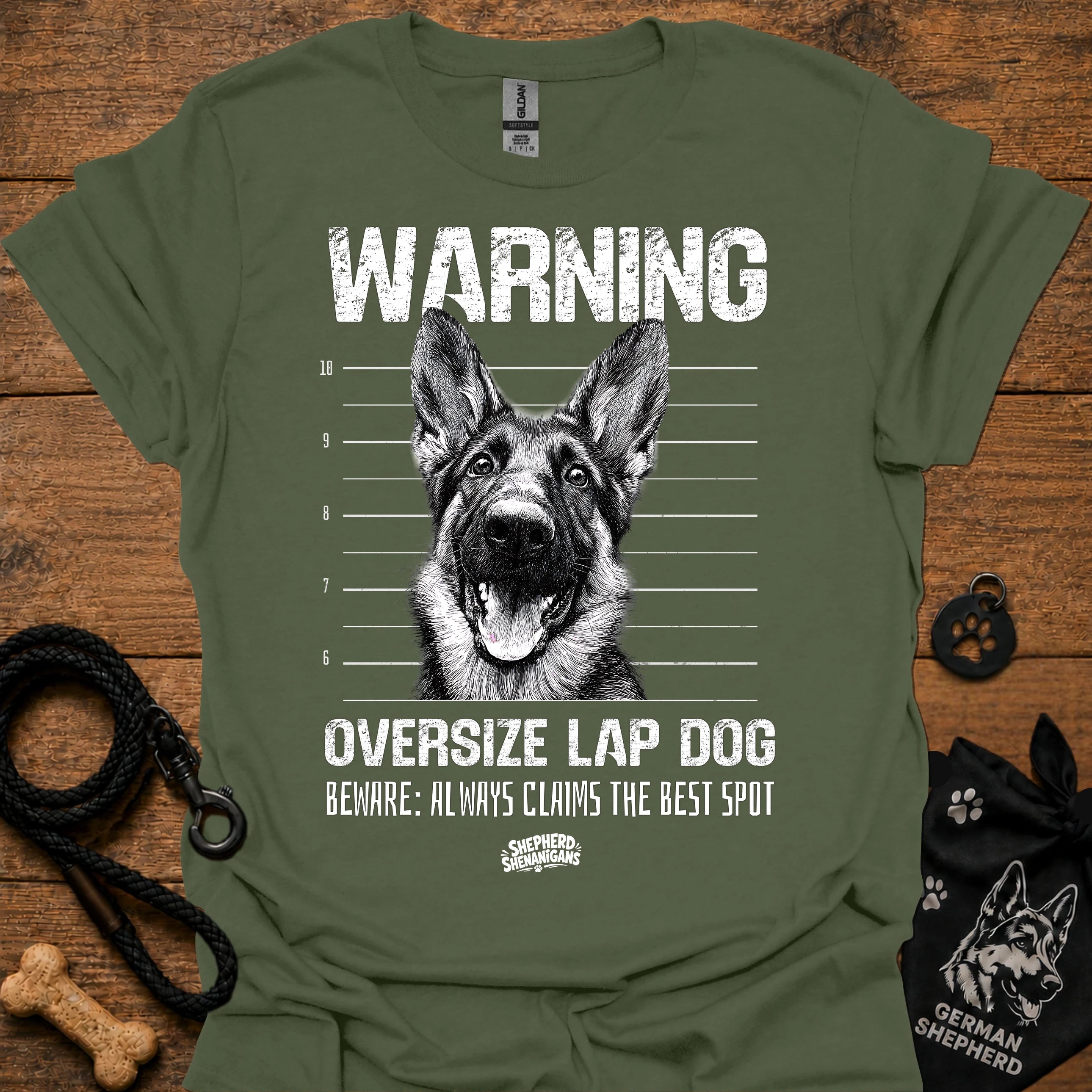 Green warning graphic T-shirt with German shepherd face and bold text