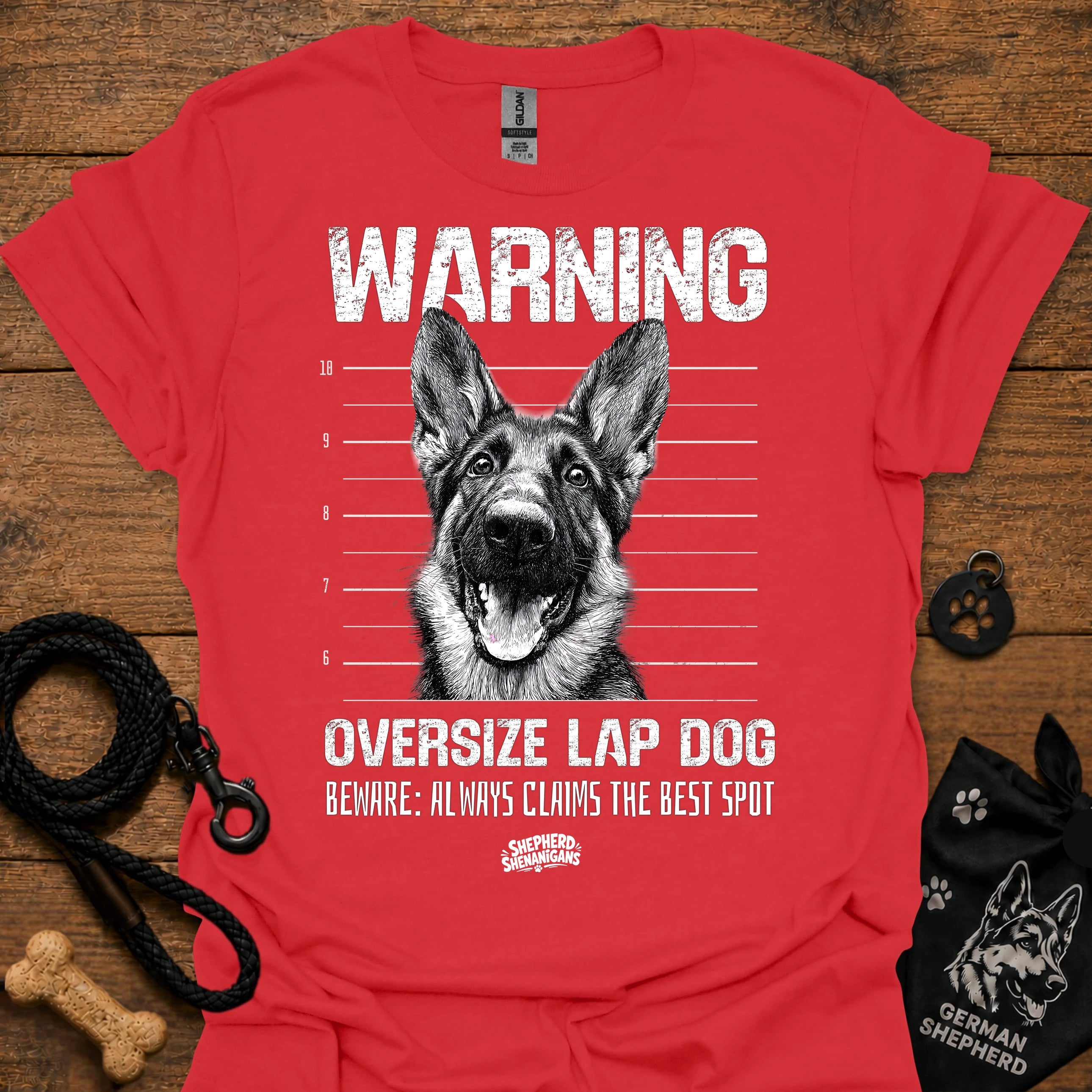 Red warning graphic T-shirt with German shepherd face and bold text